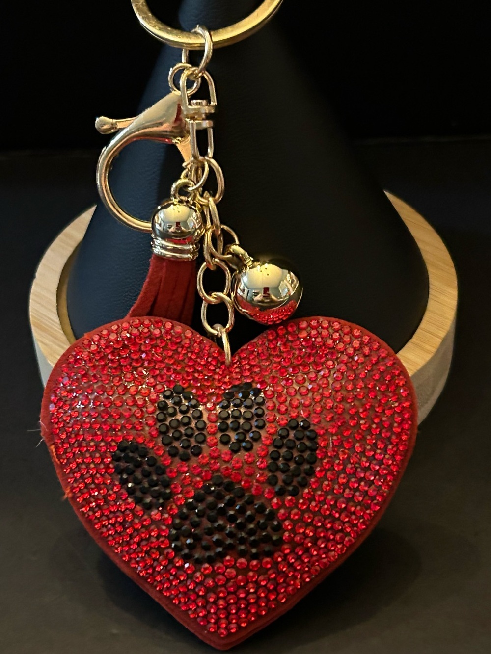 PREMIUM Red & Black Heart ❤️ Paw Crystal Bag Charm Keychain with Gold Hardware